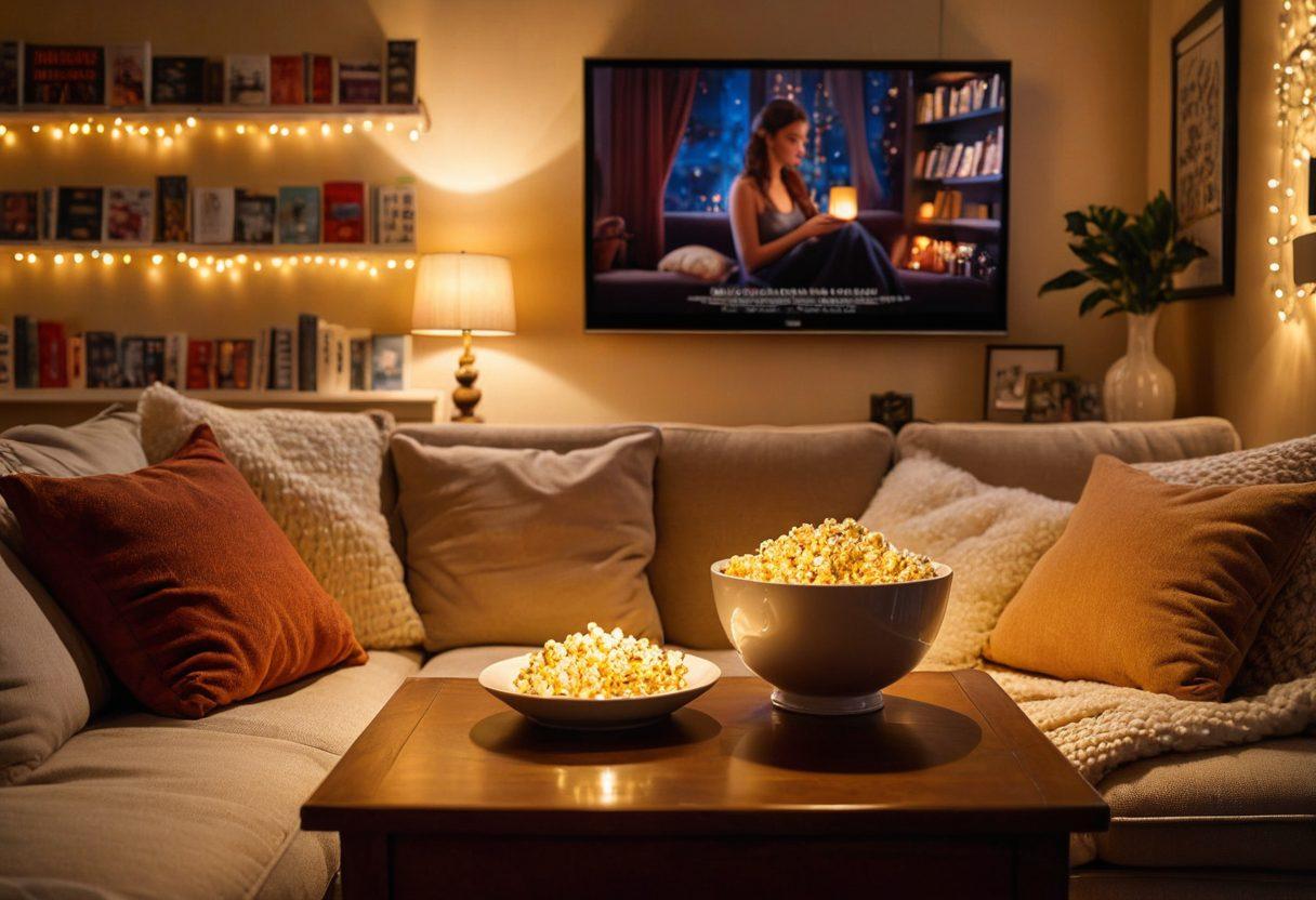 A cozy living room scene with a couple snuggled up on a sofa, engrossed in watching a romantic series on a large screen. Soft fairy lights illuminate the room, creating a warm and inviting atmosphere. A bowl of popcorn and a cup of steaming tea are placed on a coffee table filled with romance-themed books. In the background, a shelf filled with classic romantic movie posters can be seen. enchanting color palette. soft focus. warm lighting.