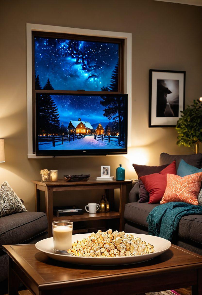 A cozy living room scene featuring a couple snuggled up on a couch, surrounded by pillows and blankets, with a large TV screen displaying a romantic series. Soft lighting creates a warm ambiance, while a bowl of popcorn sits on a coffee table nearby. The walls are adorned with framed pictures of love and laughter. A window shows a starry night outside. super-realistic. warm colors. inviting atmosphere.