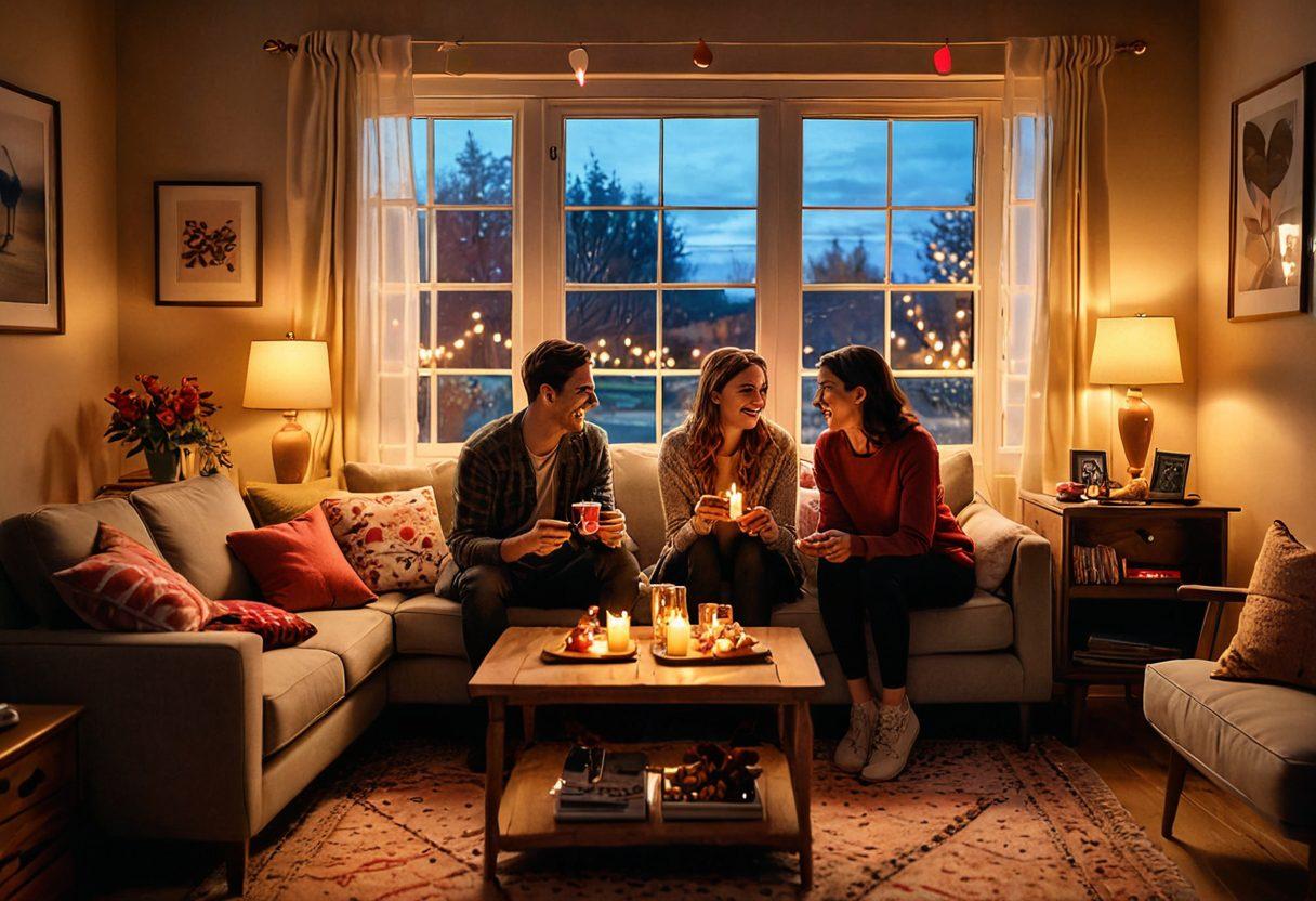 A cozy living room setting with a couple laughing together while watching a romantic series on a vintage television. The room is adorned with love-themed decor, like heart-shaped cushions and fairy lights, and there are snacks scattered on a coffee table. Through a window, a warm sunset casts a romantic glow, enhancing the atmosphere of affection. super-realistic. vibrant colors. cozy setting.